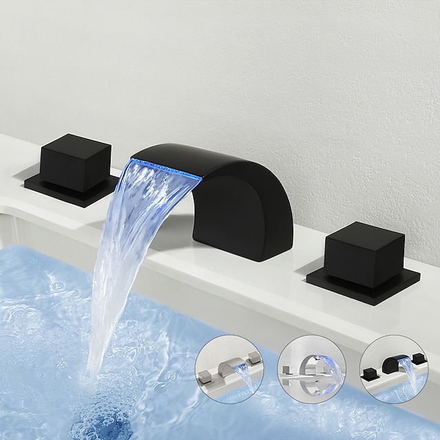  cascade robinet de lavabo de salle de bain lumière LED monté sur le pont en laiton, robinets de bain répandus à 2 poignées et 3 trous avec tuyau d'eau chaude et froide