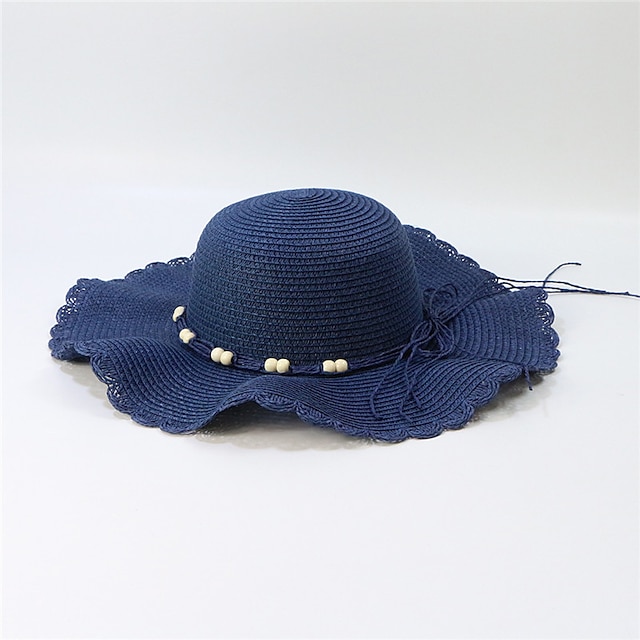 Shoes & Bags Fashion Accessories | Summer New Wide-Brimmed Sunscreen Fashion Wooden Beads Lace Wave Straw Hat WomenS Beach Hat -