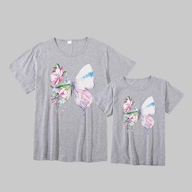 Baby & Kids Matching Outfits | Mommy and Me T shirt Tops Cotton Floral Butterfly Daily Print White Black Gray Short Sleeve Basic