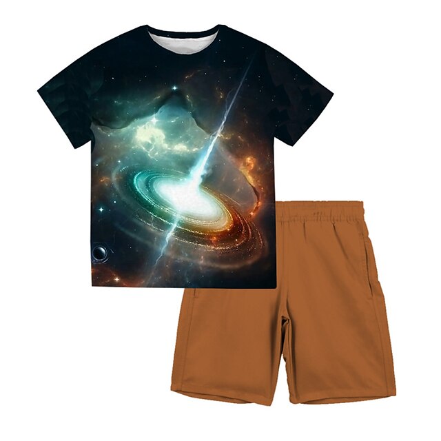 Baby & Kids Boys Clothing | Kids Boys T-shirt & Shorts Clothing Set 2 Pieces Short Sleeve Black Galaxy Crewneck Print Street Spo