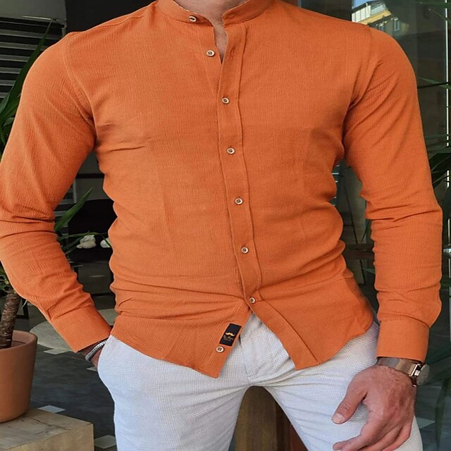 Mens Clothing Mens Shirts | Mens Shirt Solid Colored Stand Collar Casual Daily Button-Down Long Sleeve Tops Casual Fashion Breat