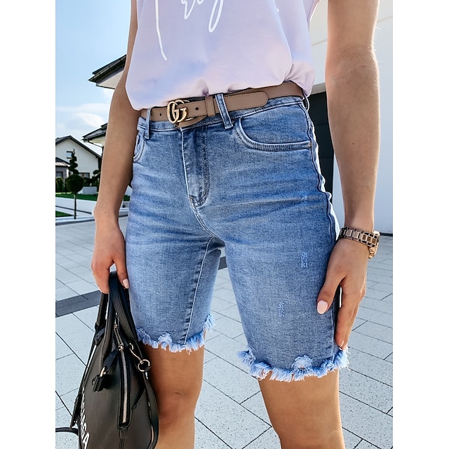  Women's Jeans Shorts Denim Blue Fashion Mid Waist Tassel Fringe Side Pockets Casual Weekend Knee Length Micro-elastic Plain Comfort S M L XL XXL