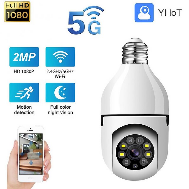  Wifi 2.4G 5G Dual Frequency 360 Degree Panoramic Rotating Home Lamp Head Type Surveillance Camera HD Night Vision Bulb Network Indoor Monitor