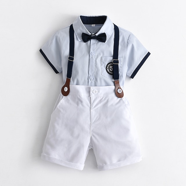 Baby & Kids Boys Clothing | Kids Boys Shirt & Shorts Clothing Set 4 Pieces Short Sleeve Light Blue Solid Color Cotton Formal For