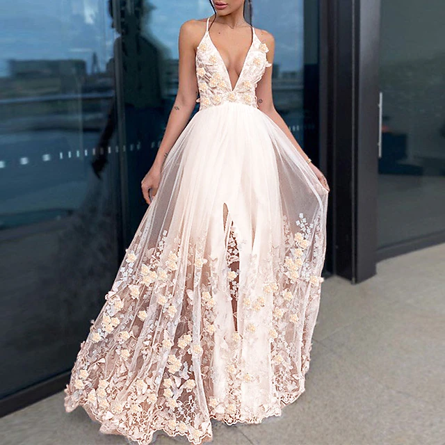 A-Line Evening Gown Floral Dress Wedding Guest Homecoming Floor Length Short Sleeve V Neck Tulle with Draping Appliques3