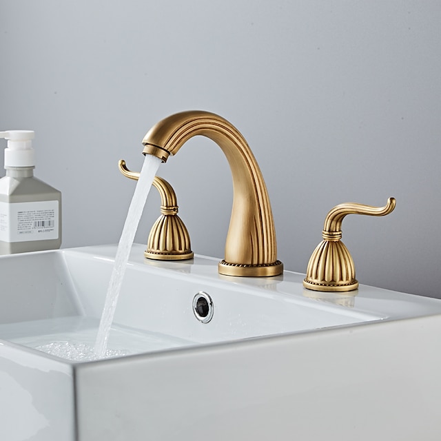 Widespread Bathroom Sink Faucet,Two Handle Three Holes Antique Brass Bath Taps