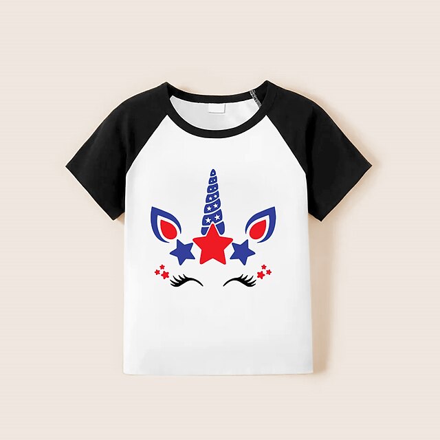 Baby & Kids Matching Outfits | Family Look American Independence Day T shirt Tops Unicorn Star Causal Patchwork White Short Slee