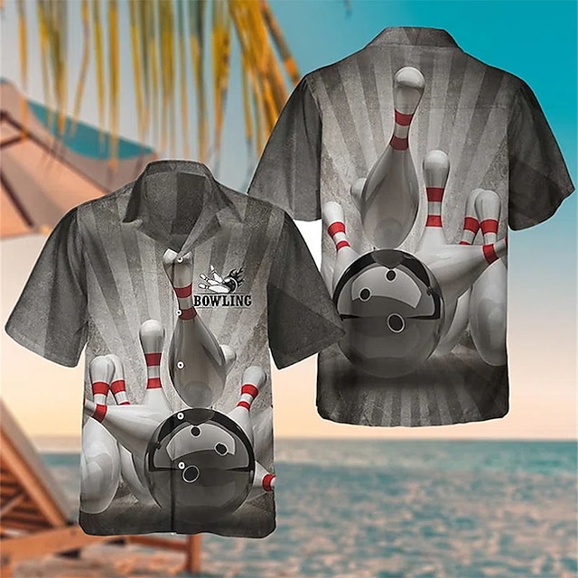  男性用 シャツ グラフィックシャツ ボウリング球 折襟 グレー 3Dプリント アウトドア ストリート 半袖 3D ボタンダウン 衣類 ファッション デザイナー カジュアル 高通気性