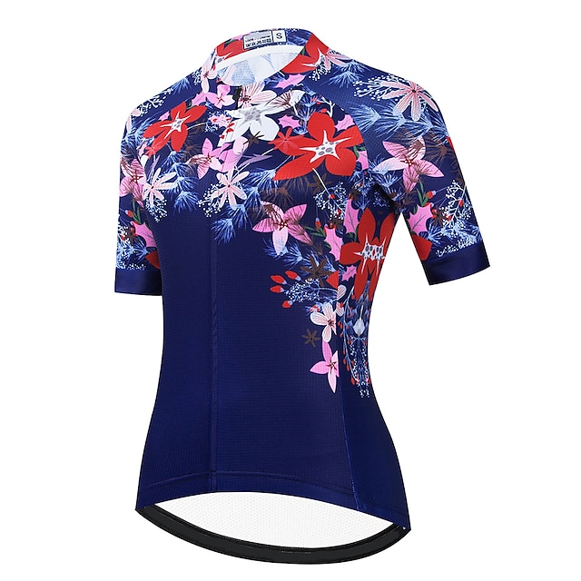  21Grams Women's Cycling Jersey Short Sleeve Bike Top with 3 Rear Pockets Mountain Bike MTB Road Bike Cycling Breathable Quick Dry Moisture Wicking Reflective Strips Dark Blue Floral Botanical