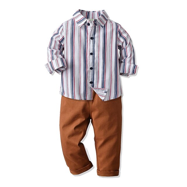 Baby & Kids Boys Clothing | Kids Boys Shirt & Pants Clothing Set 2 Pieces Long Sleeve Brown Stripe Print Street Outdoor Gentle D