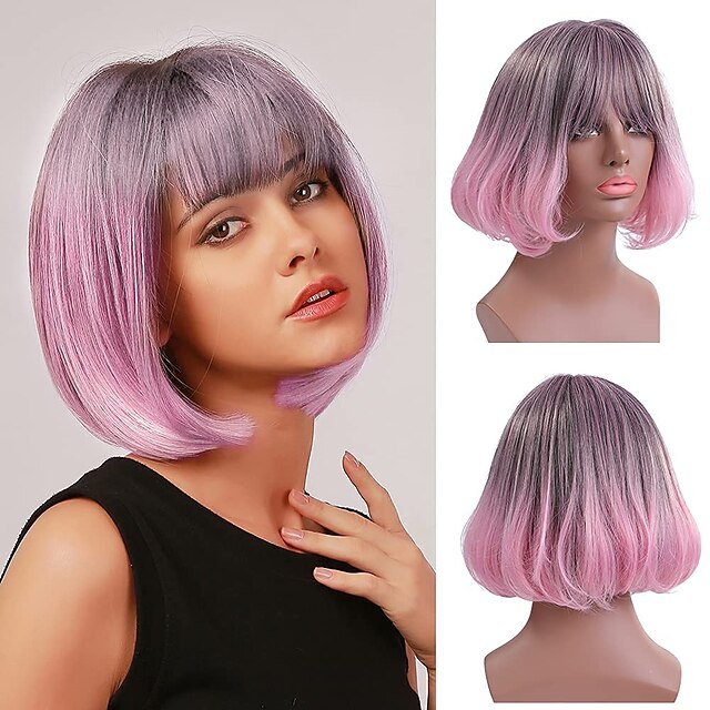 Beauty & Hair Wigs & Hair Pieces | Ombre Pink Bob Wigs 2 Tone Short Curly Bob Wig with Bangs Colorful Glueless Synthetic Hair Wi