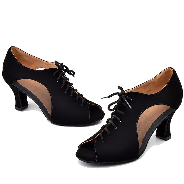Women's Black LaceUp Dance Shoes with Mesh Panels and PeepToe Design