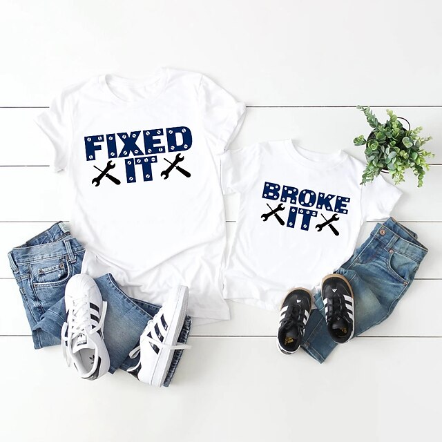 Baby & Kids Matching Outfits | Dad and Son T shirt Tops Graphic Patterned Letter Causal Print White Dark Gray Short Sleeve Casua