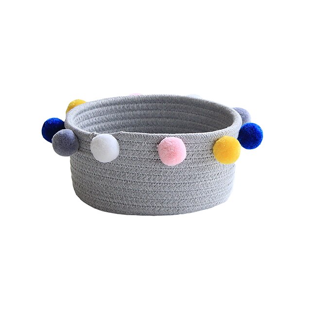 Home & Garden Home Decor | 1Pc Cotton Rope Storage Basket Blue Pink Yellow White Grey Pompom - RK78053