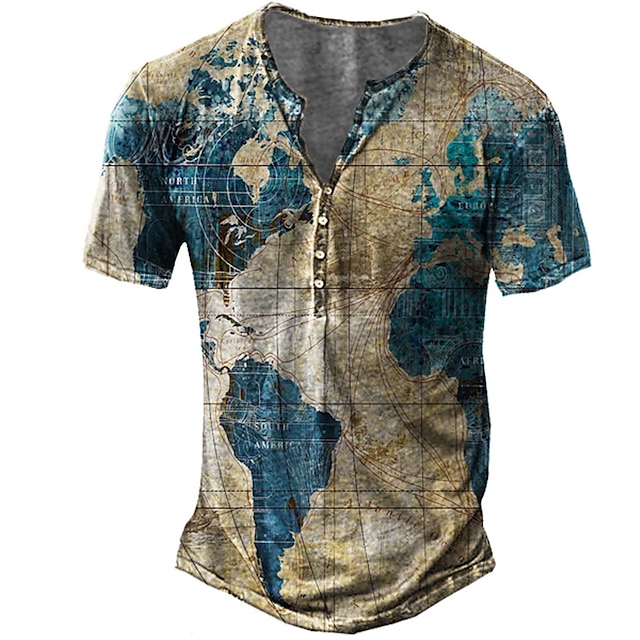  Graphic Map Designer Basic Casual Men's 3D Print T shirt Tee Henley Shirt Tee Vintage Shirt Outdoor Daily Sports T shirt Blue Purple Green Short Sleeve Henley Shirt Summer Clothing Apparel Plus Size
