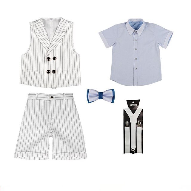 Baby & Kids Boys Clothing | Kids Boys Shirt & Shorts Suit Vest Clothing Set 5 Pieces Short Sleeve Light Blue Stripe Formal Birth
