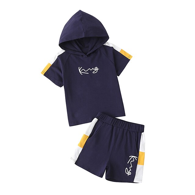 Baby & Kids Boys Clothing | Kids Boys T-shirt & Shorts Clothing Set 2 Pieces Short Sleeve Navy Blue Color Block Letter Street Ou