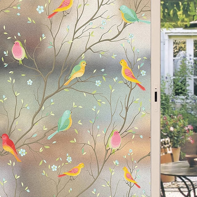  Window Covering Film Cartoon Twig Bird Frosted Static Privacy Decoration Self Adhesive for UV Blocking Heat Control Glass Window Stickers 100X45CM