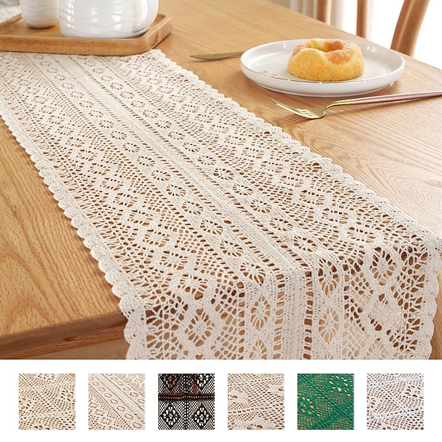 lightinthebox.com | Vintage Farmhouse Style Crochet Macrame Table Runner Linen with Tassels, Boho Plain Cotton Hollow Out Floral Lace Table Runners for Wedding Dining Room Dresser Decor #8924412
