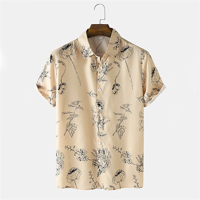  Men's Shirt Floral Turndown Street Casual Button-Down Short Sleeve Tops Casual Fashion Breathable Comfortable Khaki