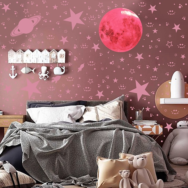 Home & Garden Home Decor | 3D Moon Stars Dots Spaceship Red Luminous Wall Sticker Children Room Ceiling Stairs Wallpaper DIY Flu