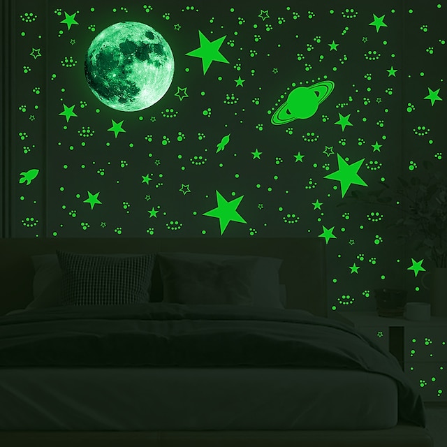 Home & Garden Home Decor | 3D Moon Stars Dots Spaceship Red Luminous Wall Sticker Children Room Ceiling Stairs Wallpaper DIY Flu