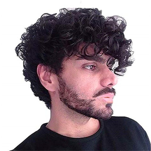  Short Curly Mens Black Wig Fluffy Synthetic Cosplay Halloween Hair Wig for Men