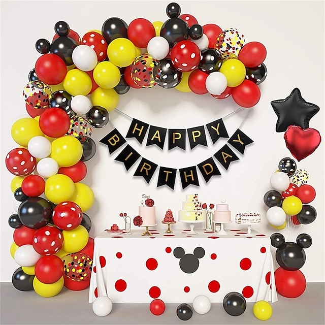  99pcs Cartoon Mouse Balloons Garland Arch Kit Red Yellow Black White Balloon Foil Star Confetti Balloons for Mickey Cartoon Mouse Theme Birthday Party Baby Shower Decorations