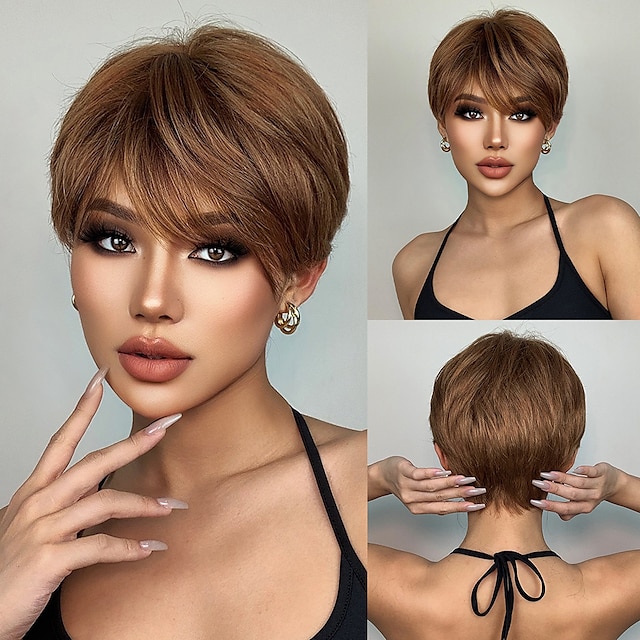 Beauty & Hair Wigs & Hair Pieces | HAIRCUBE Short Blonde Golden Wigs with Pixie Cut Bang Bob Straight Natural Fake Hairs for Wom