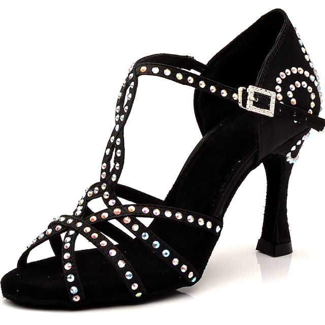  בגדי ריקוד נשים נעליים לטיניות נעלי סלסה בבית הצגה סנדלי קריסטל עקבים עקב גבוה בוהן מציצה רצועת T מבוגרים שחור / נצנצים / סטן