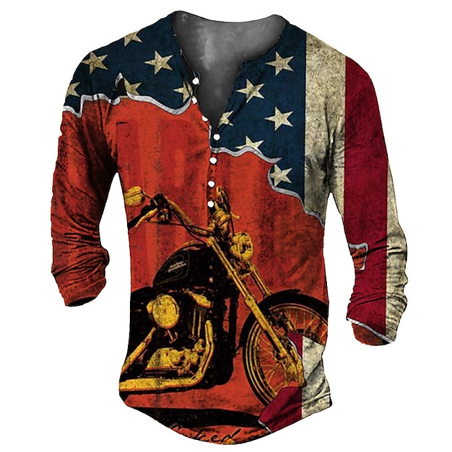 Men's T shirt Tee Henley Shirt Tee Graphic Motorcycle National Flag Henley Red 3D Print Plus Size Outdoor Daily Long Sleeve Button-Down Print Clothing Apparel Basic Designer Classic Comfortable