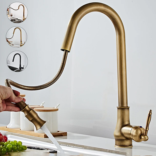 Pull Out Kitchen Faucet Sink Mixer with Sprayer, Antique 360° Swivel Single Handle One Hole Pull Down Kitchen Vessel Tap Deck Mounted, with Hot and Cold Water Hose 15