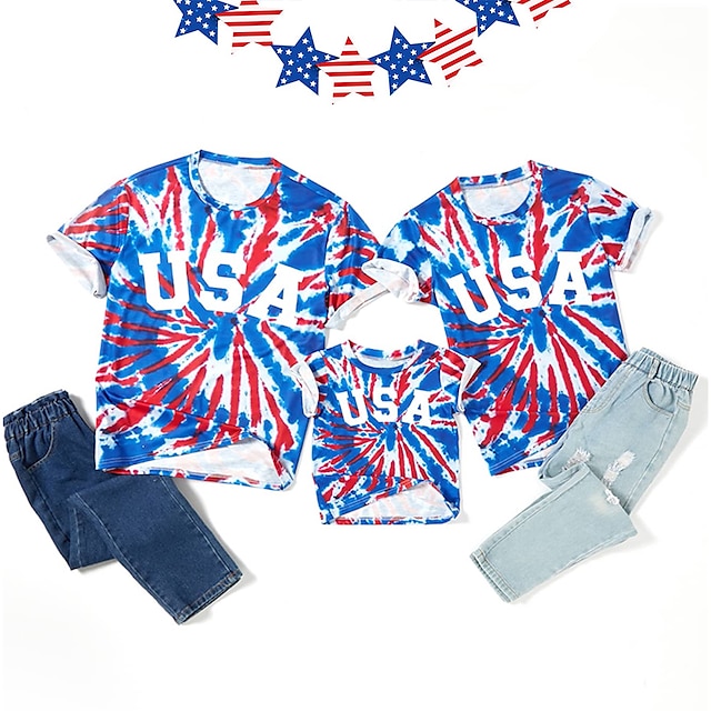 Baby & Kids Matching Outfits | Family Look American Independence Day T shirt Tops Flag Letter Causal Print Blue Short Sleeve Cas