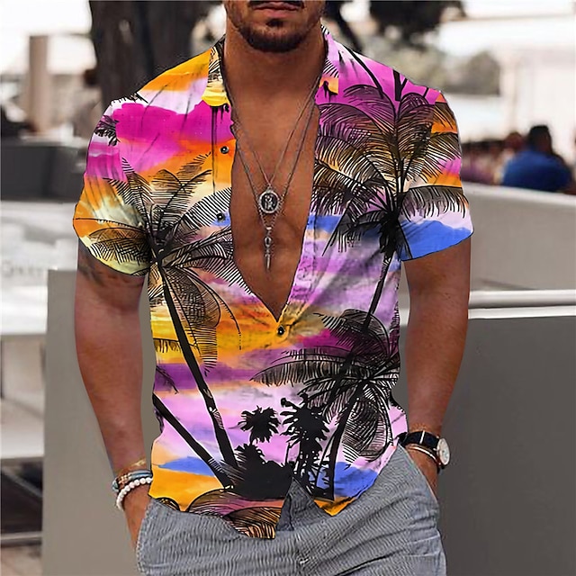  Men's Shirt Print Scenery Coconut Tree Turndown Street Casual Button-Down Print Short Sleeve Tops Designer Casual Fashion Hawaiian Rainbow / Summer / Spring / Summer