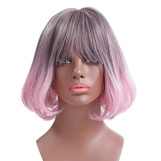 Beauty & Hair Wigs & Hair Pieces | Ombre Pink Bob Wigs 2 Tone Short Curly Bob Wig with Bangs Colorful Glueless Synthetic Hair Wi