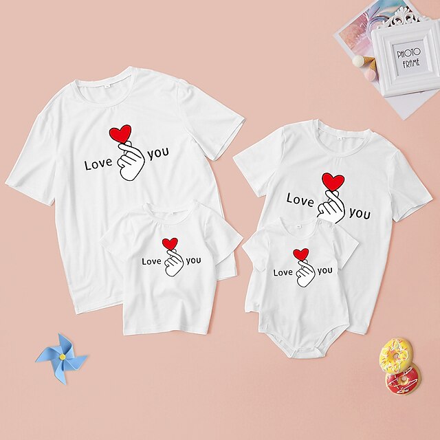 Baby & Kids Matching Outfits | Family Look T shirt Tops Heart Letter Causal Print Green White Light Gray Short Sleeve Daily Matc