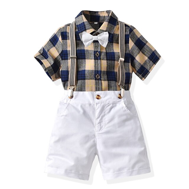 Baby & Kids Boys Clothing | Kids Boys Shirt & Shorts Clothing Set 2 Pieces Short Sleeve Gray Plaid Bow Print Party Formal Active