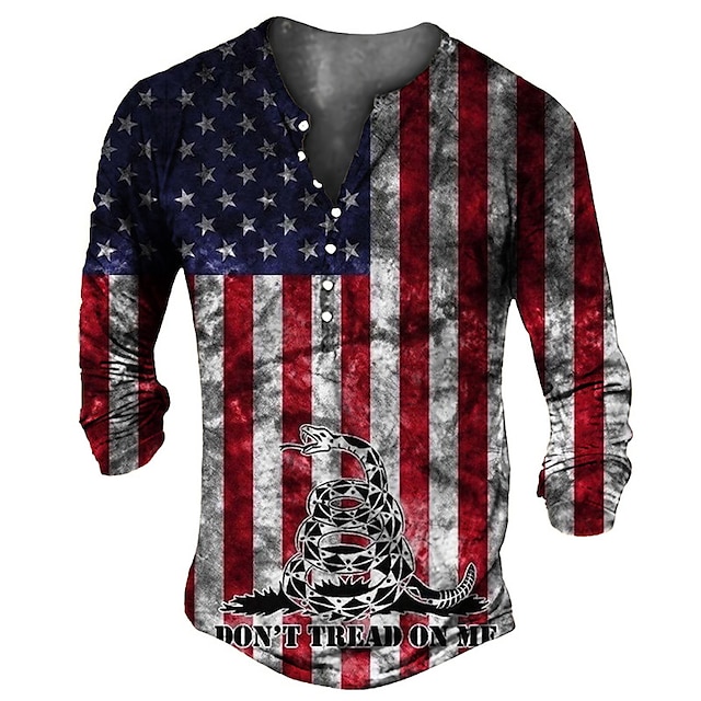 Erkek T gömlek Henley Gömlek Tişörtler Uzun Kollu Grafik Yılan Ulusal Bayrak Henley YAKUT 3D Baskı Büyük Bedenler Dış mekan Günlük Aşağı düğmesi Desen Giyim Temel Tasarımcı Klasik Rahat / Spor