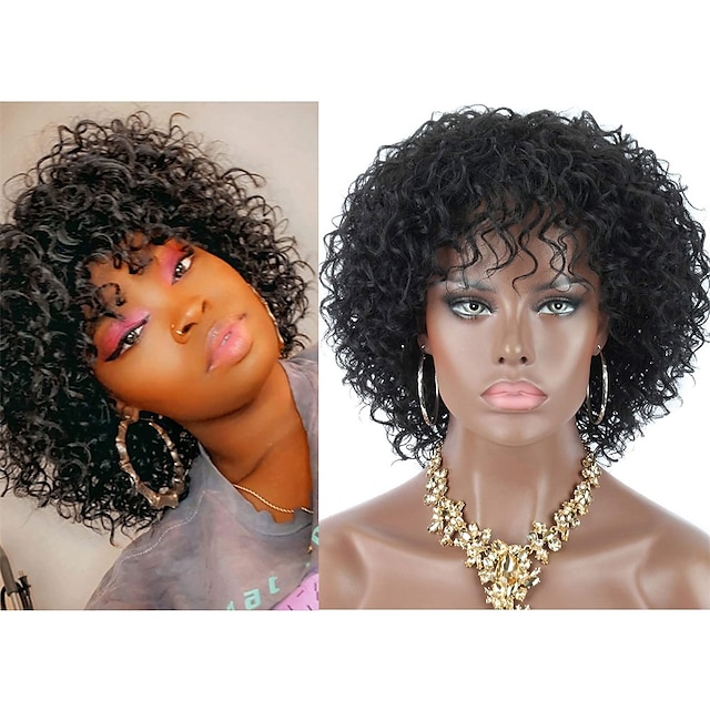 syntetyczne krótkie głębokie kręcone peruki dla czarnych kobiet realistyczne kręcone peruki z grzywką do włosów lekkie miękkie sprężyste naturalne loki włosy peruki