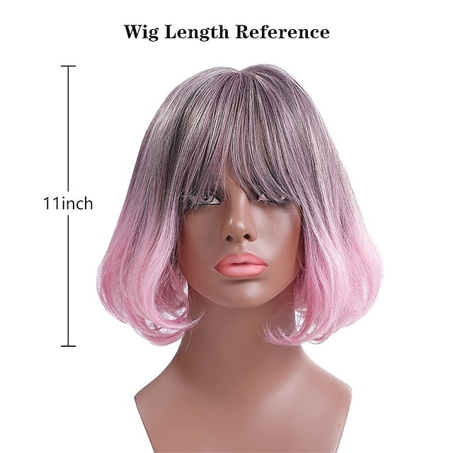 Beauty & Hair Wigs & Hair Pieces | Ombre Pink Bob Wigs 2 Tone Short Curly Bob Wig with Bangs Colorful Glueless Synthetic Hair Wi