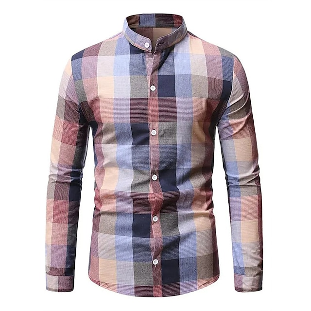  Men's Dress Shirt Plaid Shirt Button Down Shirt Collarless Shirt Purple Long Sleeve Graphic Turndown Spring &  Fall Wedding Outdoor Clothing Apparel Button-Down
