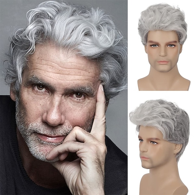  Mens Short Grey Wig Short Curly Gray Wig Synthetic Heat Resistant Hair Replacment Wig for Daily Party Costumes