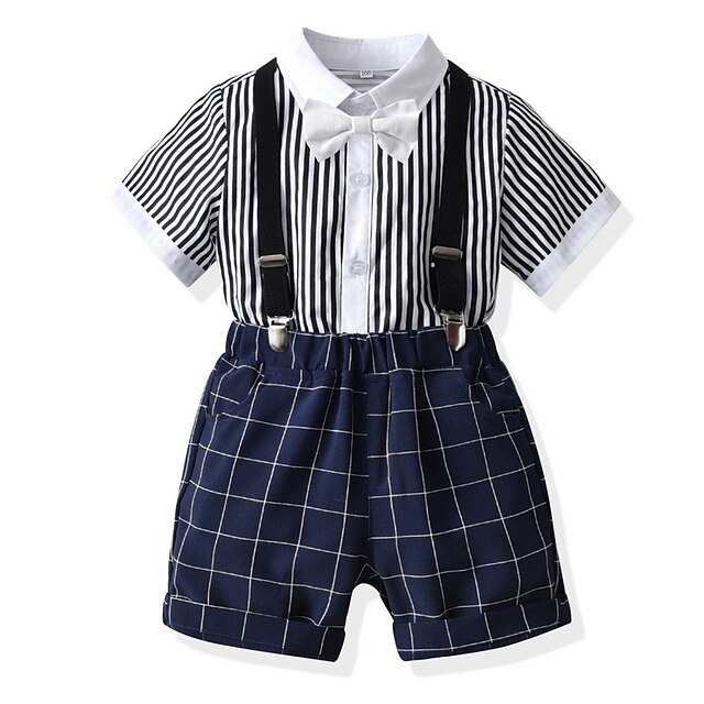 Baby & Kids Boys Clothing | Kids Boys Shirt & Shorts Clothing Set 4 Pieces Short Sleeve Navy Blue Plaid Stripe Bow Street Outdoo