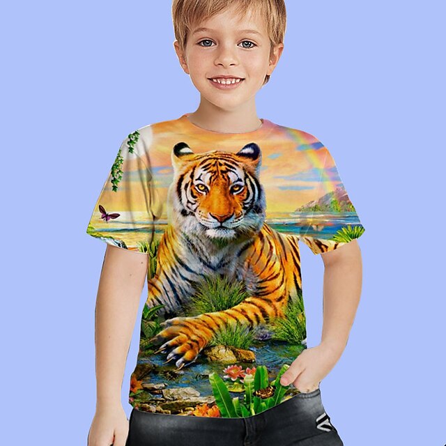 Baby & Kids Boys Clothing | Kids Boys T shirt Short Sleeve 3D Print Tiger Animal Crewneck Yellow Children Tops Spring Summer Act