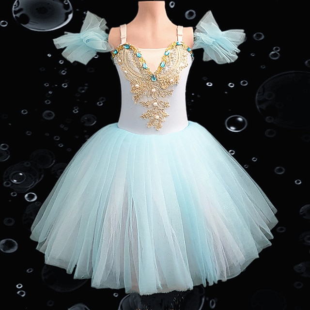  Παιδικά Ρούχα Χορού Μπαλέτο Φόρεμα Tutu Φόρεμα Τεχνητό διαμάντι Δαντέλα Κέντημα Κοριτσίστικα Εκπαίδευση Επίδοση Αμάνικο Ψηλό Δίχτυ Πολυεστέρας