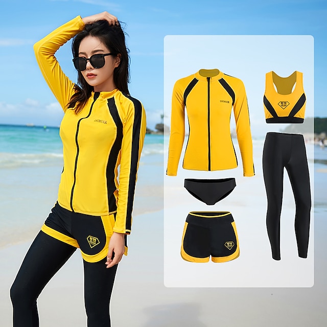  Women's Rash Guard Rash guard Swimsuit UV Sun Protection UPF50+ Breathable Long Sleeve Swimwear Bathing Suit Front Zip 5-Piece Swimming Surfing Snorkeling Beach Patchwork Autumn / Fall Spring Summer