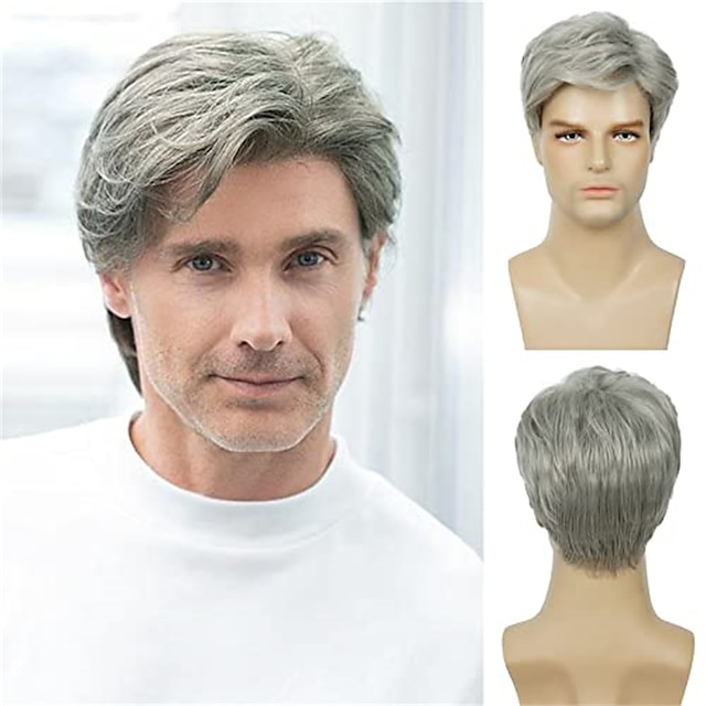  Men Wigs Short Silver Gray Wig Synthetic Heat Resistant Natural Halloween Cosplay Hair Wig