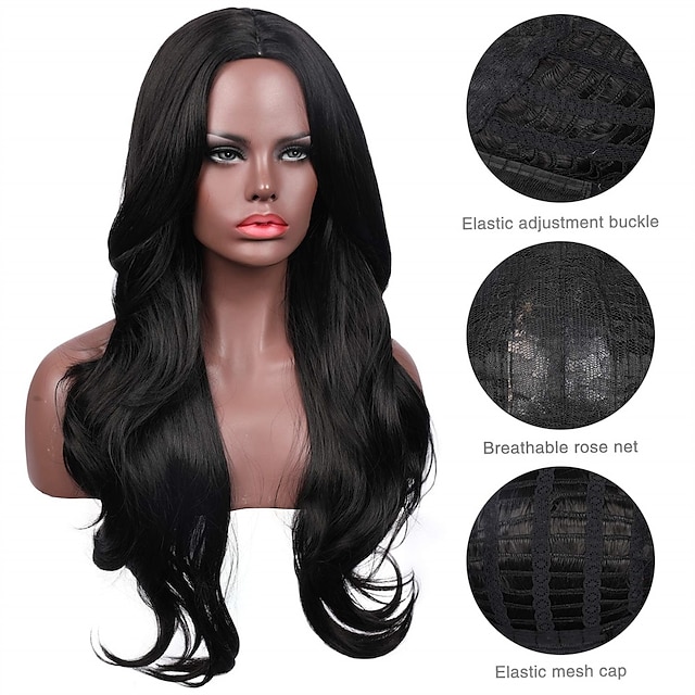 Beauty & Hair Wigs & Hair Pieces | Black Curly Wavy Middle Part Layered Long Synthetic Wigs for Women - ON30703