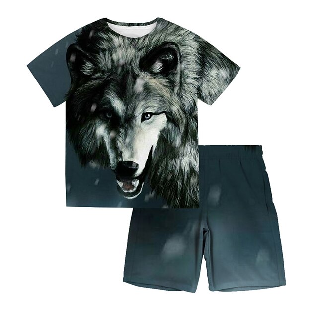 Baby & Kids Boys Clothing | Kids Boys T-shirt & Shorts Clothing Set 2 Pieces Short Sleeve Blue Wolf Animal Crewneck Print Street