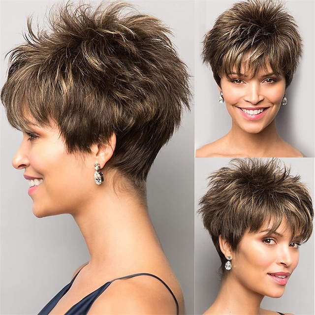 Short Brown Black Hair Wigs With Bangs Ombre Black Pixie Cut Wigs For 